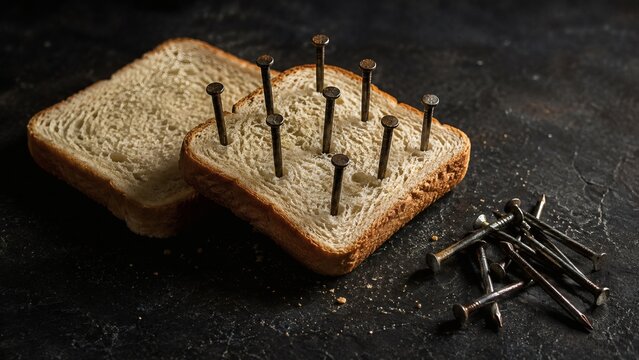 Conceptual image of metal nails driven into slices of white bread
