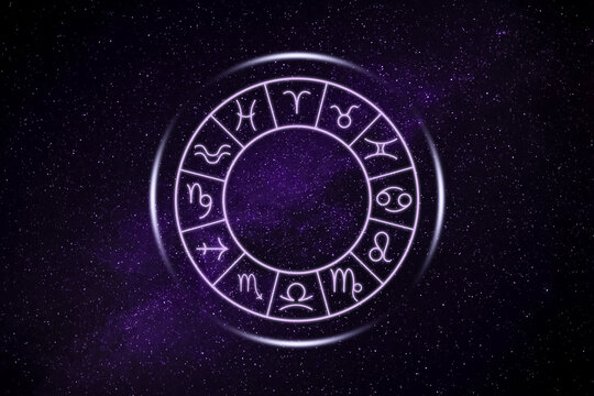 Astrological wheel with horoscope symbols against night sky with stars. Illustration