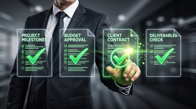 Businessman's hand touching digital screen displaying project milestones budget approval client contract deliverables check with glowing green checkmarks