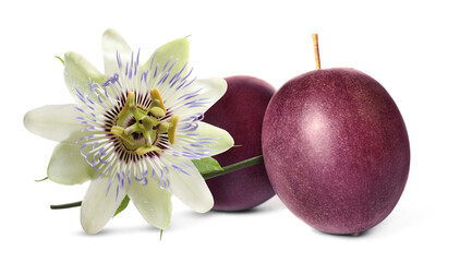 Fototapeta premium Fresh passion fruits and flower isolated on white