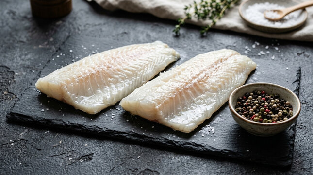 Two Fresh Raw White Fish Fillets with Spices and Thyme on Transparent Background, Isolated on White