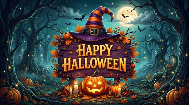 Happy Halloween wooden sign with witch hat, jack o lantern, and spooky forest background