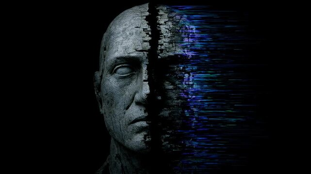 Fractured stone head of a man transforming into digital data. Glitch effect on half of a face. Artificial intelligence evolution, futuristic concept, dark art.