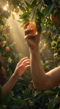 Adam reaching for fruit in Garden of Eden. Hand of man touching forbidden tree of knowledge. Biblical scene of temptation and the fall representing original sin.