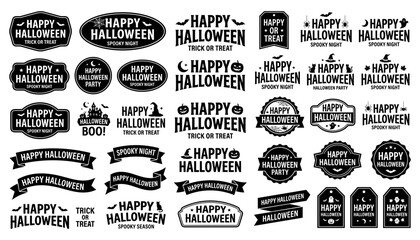 Halloween vintage typography badge collection with Happy Halloween greetings, spooky phrases, decorative ribbons, labels and monochrome seasonal designs © MijanurRahman