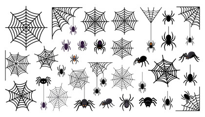 Halloween spider web and spider silhouette collection with detailed cobwebs, creepy arachnids, hanging spiders and spooky decorative elements © MijanurRahman