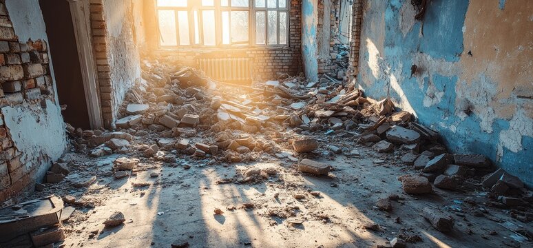 Abandoned room with sunlight through broken windows