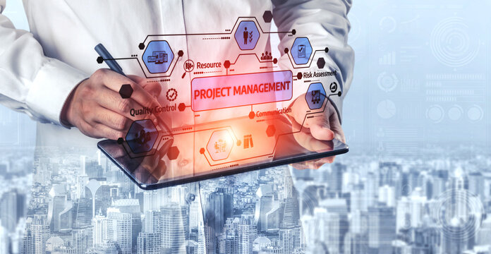 This image showcases an individual engaged in project management using a digital interface, highlighting key components like resource allocation and risk assessment. Tessel