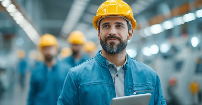 Factory technician holding a tablet in an industrial plant. A young Caucasian man wearing a yellow safety helmet stands among workers in a production facility.
