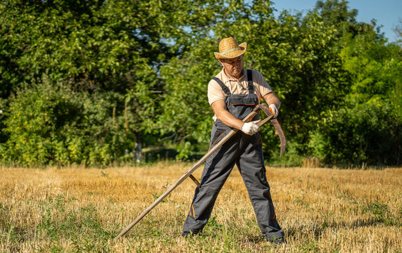 A farmer uses a scythe to cut grass in a field. It is a sunny day, and the surrounding area has trees and dry grass. The farmer wears gloves and a straw hat