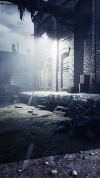 An old warehouse with a beam of light shining inside. The ground is cluttered with trash, wooden pallets, and dirt. The atmosphere feels empty and forgotten.