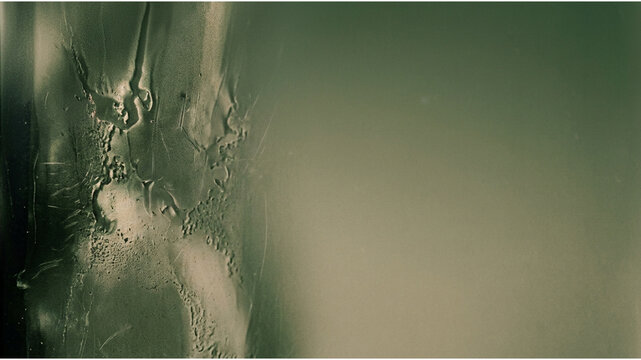 Abstract green plastic texture, wrinkled cellophane film background, distorted olive green surface with light reflections