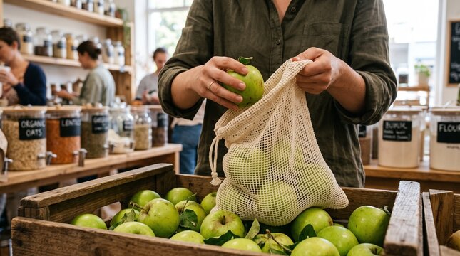 Person placing fresh green apples into a reusable mesh bag at a zero waste grocery store