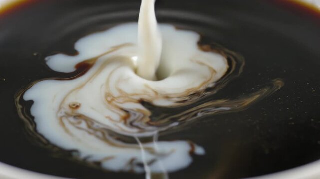 Milk pouring into black coffee, creating swirling cream patterns as the drink gradually blends into a smooth creamy beverage