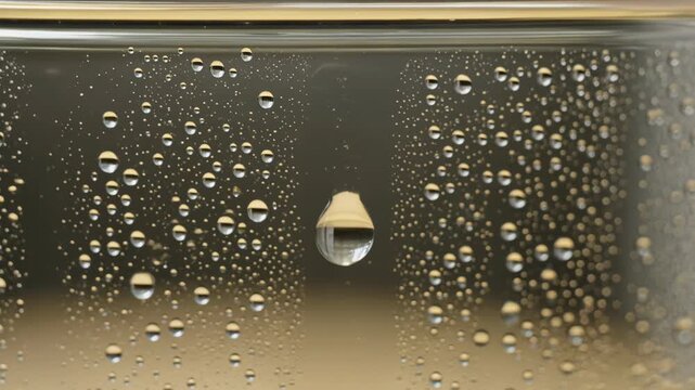 Closeup sequence of water droplets sliding down a glass surface, showing condensation, reflection, transparency, and fluid motion for science and nature concepts