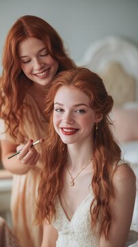 Wedding makeup application. A smiling bride in a white lace wedding dress gets her makeup done by a happy bridesmaid or makeup artist with matching red hair in a bright bedroom.