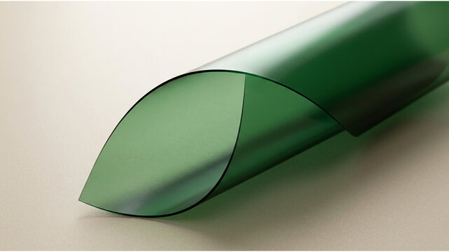 Translucent green plastic film roll, curved emerald acetate sheet on beige background, flexible transparent material for packaging and design