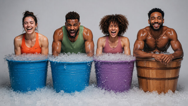 A group of people in ice barrels at a training session. Men and women of different races perform cold therapy against a white background.