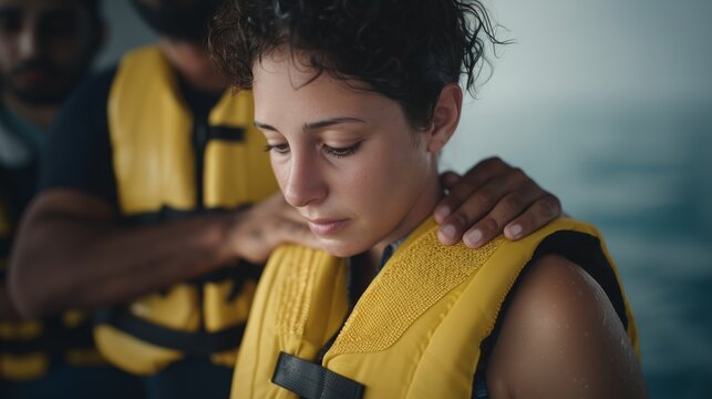 Female lifeguard comforting distressed swimmer wearing life jacket.Female lifeguard supporting swimmer wearing life vest after rescue situation.