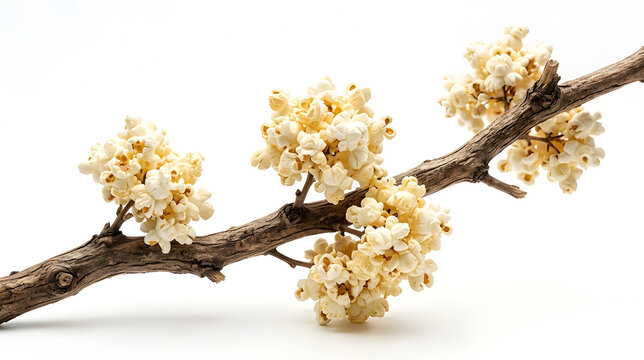 Minimalist surreal illustration of popped popcorn kernels blooming like fluffy white cotton flowers on a real wooden branch, representing the organic, light, and natural transformation of raw ingredie