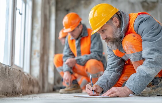 Construction worker measuring floor plan during building construction