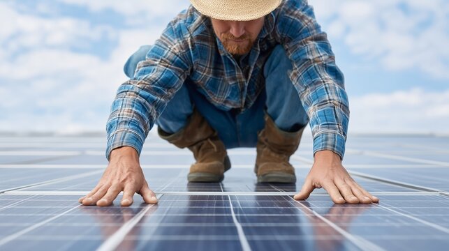 Technician inspecting photovoltaic solar panel surface at solar power plant