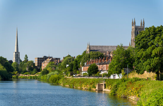 View of Worcester Cathedral and St Andrew's spire,Worcester,England,UK.