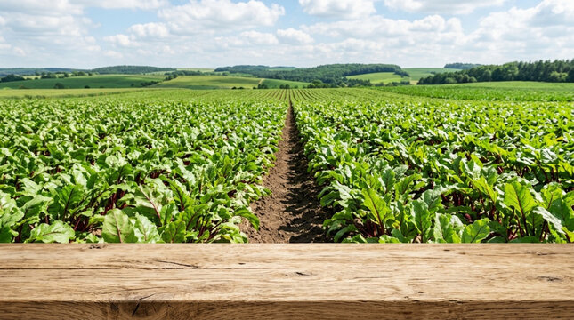Rustic wooden table top with green agricultural beet field, transparent background, isolated on white