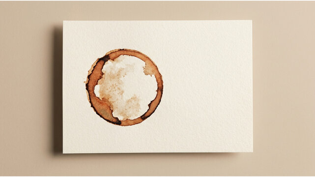 Minimalist coffee stain on white paper, brown caffeine ring mark on stationery, artistic beverage spill texture on card