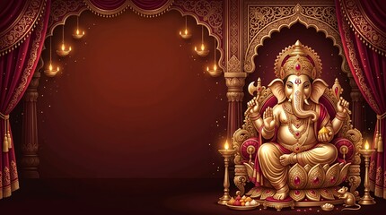 Fototapeta premium Golden Ganesha sculpture crimson luxury background with copyspace