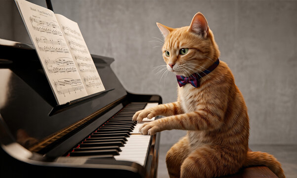 Cute cat Felis catus wearing a bow tie playing the piano in a cozy room