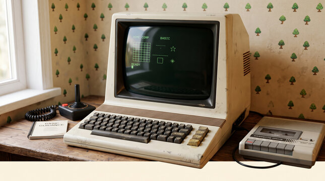 Vintage retro home computer from the 1980s with a cassette drive and joystick on a wooden desk