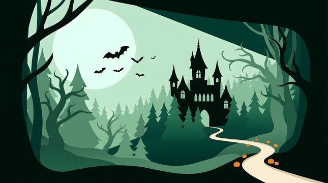 A spooky helloween landscape featuring a dark gothic castle silhouette surrounded by a mysterious forest under a full moon
