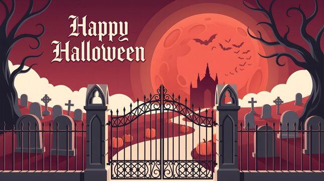 A spooky and enchanting halloween scene unfolds with a grand cemetery gate a full moon and a haunting castle silhouette evoking a