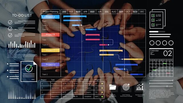 Collaborative Project Management Strategy Visualization with Diverse Hands on a Blue Board Featuring Gantt Chart and Task List Elements. Entropy.
