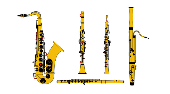 Collection of classic wind instruments: saxophone, clarinet, oboe, bassoon, and flute, flat design vector illustration