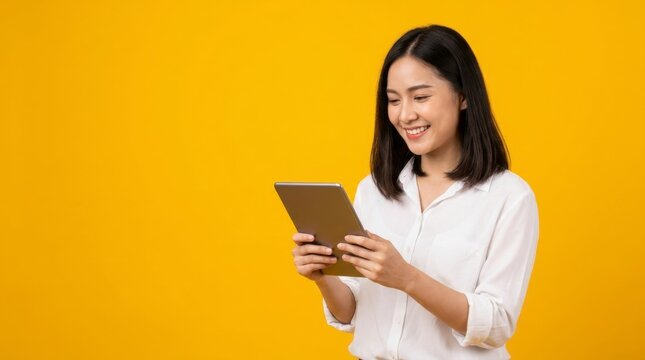 Asian woman using a tablet. Smiling girl browsing digital device on yellow background.