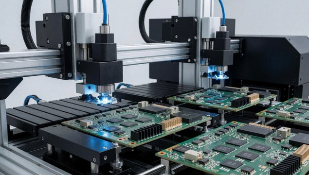 Close-up cnc computer numerical control machine factory setting black silver color has panel right side left t