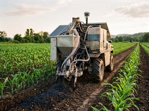 Agricultural robot disperses biochar fertilizer into rich dark soil between rows of green crops under warm daylight.