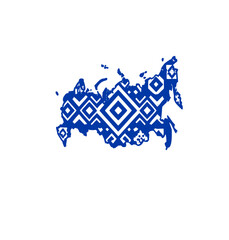 Blue silhouette outline map of Russia featuring a traditional geometric folk art diamond ethnic pattern texture vector graphic design element for travel geography tourism art © jesmin_