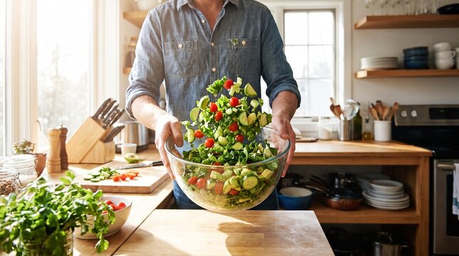 A person tossing a fresh salad in a sunlit kitchen, creating a vibrant and healthy meal. The salad is filled with crisp vegetables like tomatoes and avocado, ready to be enjoyed