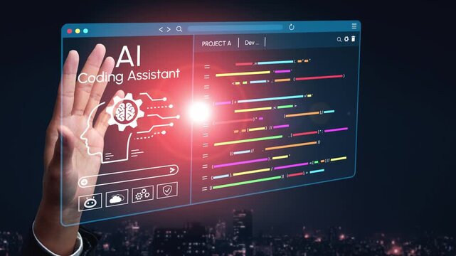 Futuristic Hand Interaction with AI Coding Assistant Interface in Smart Technology Concept at Night Over Cityscape Background. Entropy.