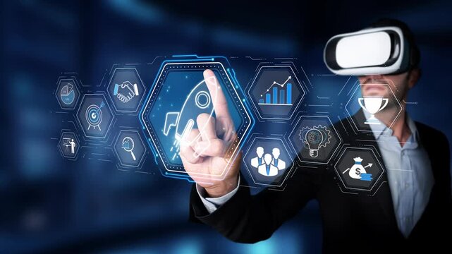 Businessman Using Virtual Reality Technology for Data Visualization and Innovative Experience in Modern Digital Environment Sigmoid