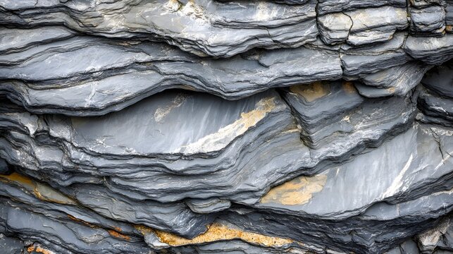 Natural weathered shale formation displays layered geological patterns of metamorphic stone embedded within mountainous terrain to reveal prehistoric earth compression over countless centuries
