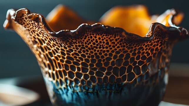 Artisan handmade ceramic bowl featuring organic honeycomb textures and reactive glaze finishes for interior decoration showcasing craftsmanship and unique sculptural shapes suitable for culinary