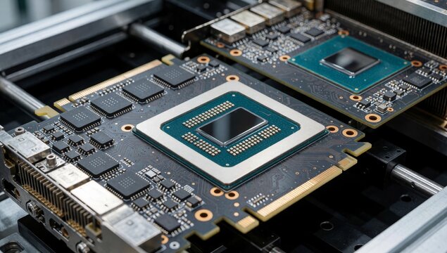 Computer processors mounted metal frame rectangular shape have green gold color scheme each processor has smal