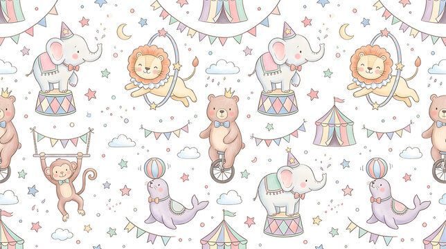Seamless circus pattern with cute hand drawn animals and stars on a white background. Gentle pastel circus print in a soft preppy kids style, ideal for girls, babies, nursery decor, fabric, wallpaper 