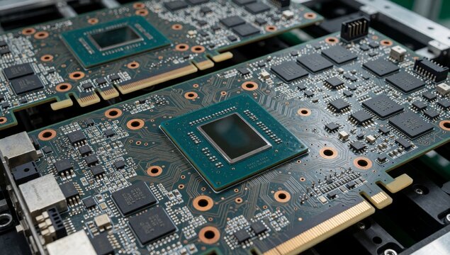 Close-up printed circuit board pcb multiple electronic components green color has rectangular chip center surr