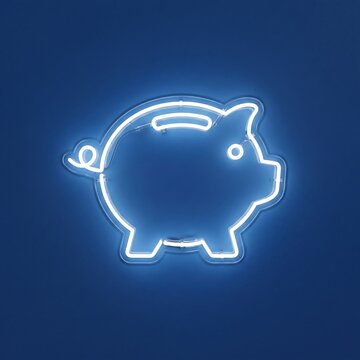 Glowing Blue Neon Piggy Bank Sign for Finance and Savings
