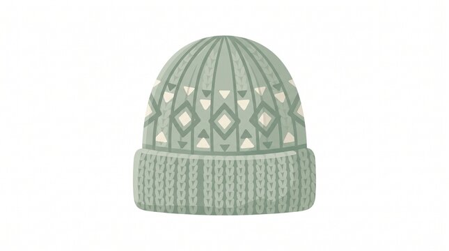 Knitted Beanie Hat Flat Illustration &ndash; Cozy sage green ribbed winter beanie with folded cuff, isolated on white background for cold weather fashion, apparel, and winter designs.
